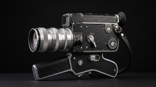 Vintage 8mm movie camera on black background.