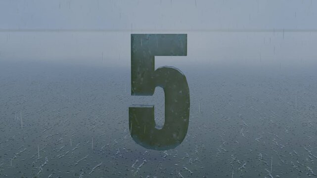 A 3D render of the number ten standing on a wet surface during a heavy rainstorm. Great for moody countdowns, milestones, or weather-related concepts.