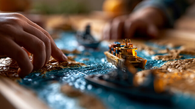 Hands interacting with miniature cargo ship on a simulated ocean surface, logistics
