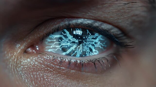 Extreme close-up of a human eye with a glowing digital circuit reflecting on the iris