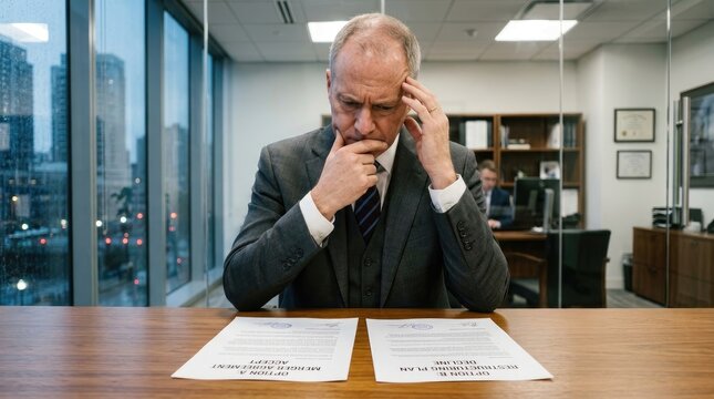 A worried older man sits at a desk, contemplating two documents.