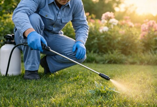 Professional pest control technician spraying insecticide outdoors while wearing protective equipment, ensuring safe insect elimination, residential property protection, garden maintenance, hygiene.