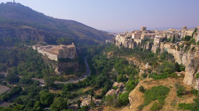 Panoramic view of former San Pablo Convent and medieval old town on cliffs in Cuenca, Castilla La Mancha