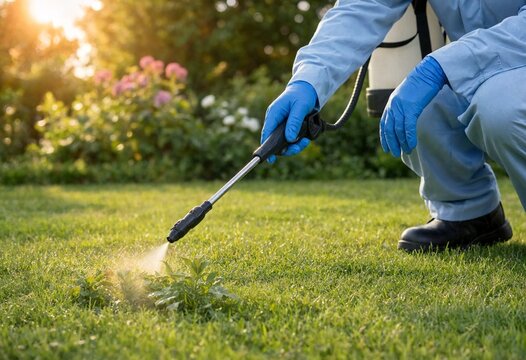 Professional pest control technician spraying insecticide outdoors while wearing protective equipment, ensuring safe insect elimination, residential property protection, garden maintenance, hygiene.