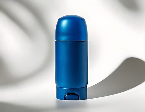 Blue deodorant stick container mockup on white surface with leaf shadows hygiene product packaging