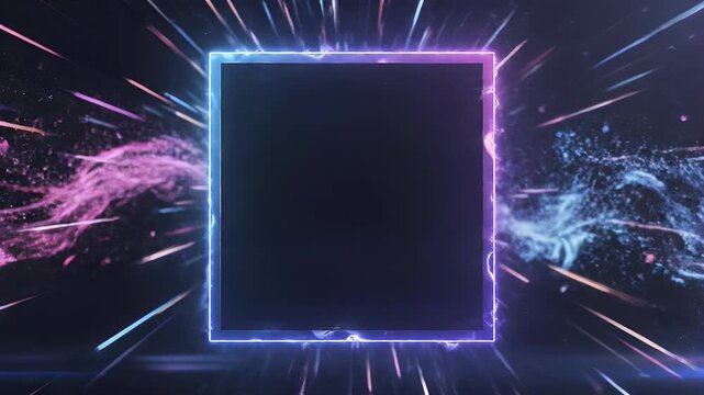Futuristic square portal with vibrant energy and light streaks in darkness