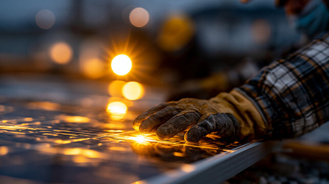 Construction worker wearing protective gloves touching solar panel surface at sunset