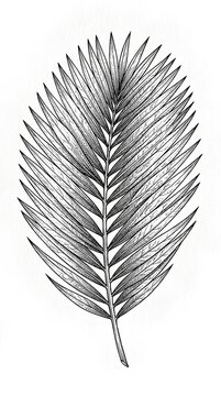 Detailed black and white engraving of a tropical palm leaf frond.
