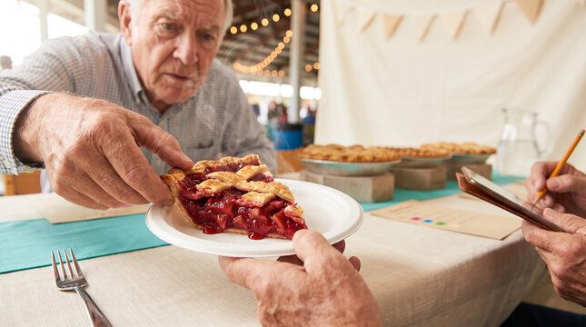 Elderly man serving slice of pie to another person at a table  
