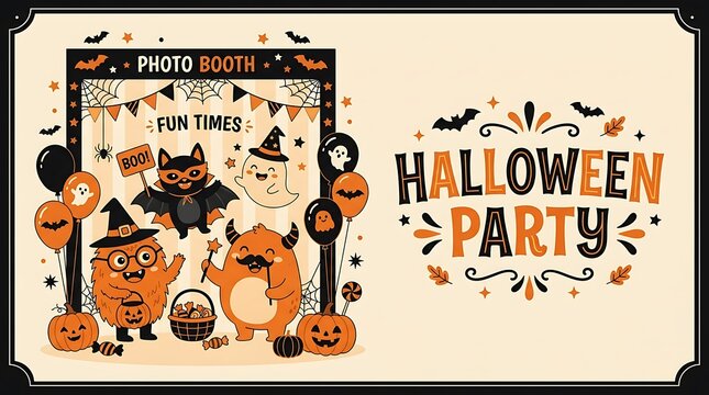 Fun halloween party photo booth with cartoon characters and decorations , Happy halloween 2026, Halloween 2026, Halloween, Halloween design, Halloween Poster Design .