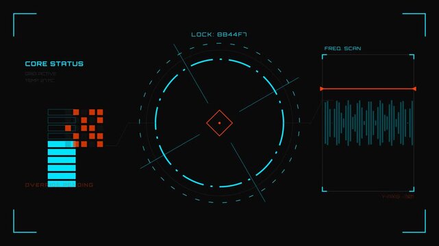 Futuristic sci-fi HUD target interface overlay, glowing cyan and orange crosshair screen with frequency scanner and telemetry data