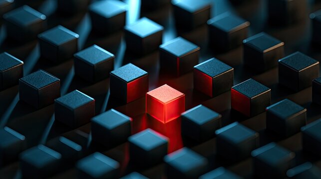 Geometric grid with one bright red cube standing out from dark blue cubes