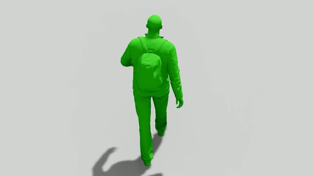 3D render of a male figure wearing a backpack walking away, isolated in solid chroma green color with a cast shadow. Ideal for VFX tracking or placeholder concepts.