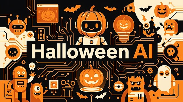 Halloween-themed robot and monster circuit board illustration , Happy halloween 2026, Halloween 2026, Halloween, Halloween design, Halloween Poster Design .