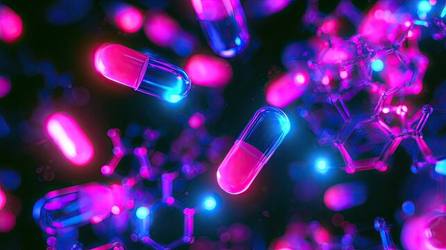 Luminous capsules and molecular structures in vibrant neon glow