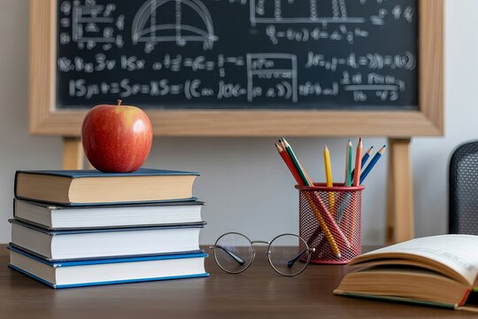 Academic still life with red apple on book stack, classroom desk with chalkboard background