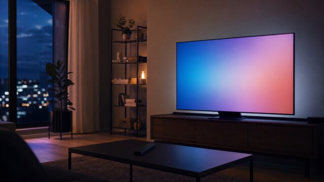 Modern smart television with glowing colorful screen in dark cozy living room. Interior of apartment at night with night city view through window. Home entertainment and media technology.