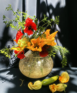 Vase Containing Bouquet Of Various Flowers