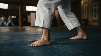 Fototapeta premium Martial artist performing low stance training. Barefoot fighter practicing karate or taekwondo kick technique on gym mat.
