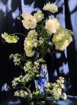 A bouquet of white flowers in a blue vase