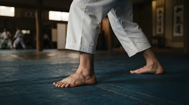 Martial artist performing low stance training. Barefoot fighter practicing karate or taekwondo kick technique on gym mat.
