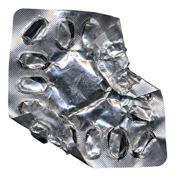 Brutalist antidesign element, Foil pill blister pack, empty and crushed, metallic scan texture, transparent background