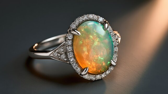 Oval opal gemstone ring encircled by small diamonds, on a dark surface