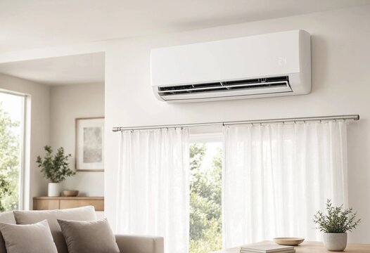 Wall mounted ductless heat pump above window providing efficient heating and cooling, residential climate control, energy savings, modern HVAC technology, year-round indoor comfort.