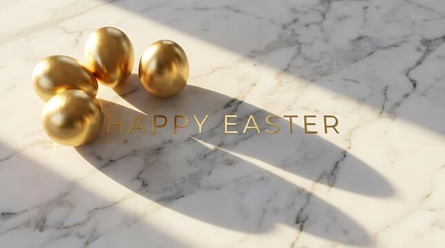 Golden eggs and Happy Easter text on marble background