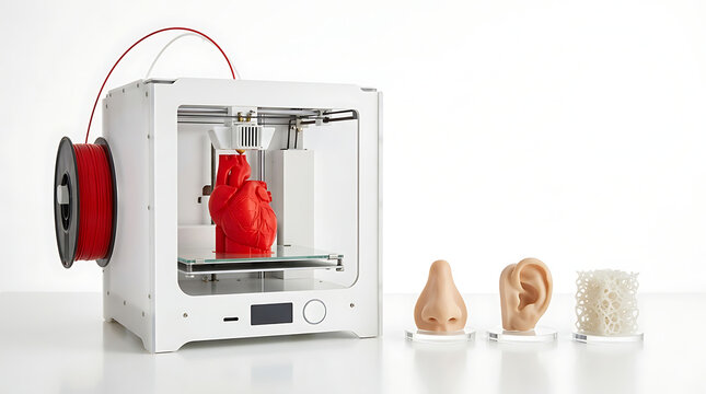 Modern 3D printer creating a red heart anatomical model and various biological prototypes