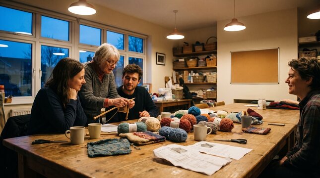 Neighbors gather for an evening knitting circle workshop