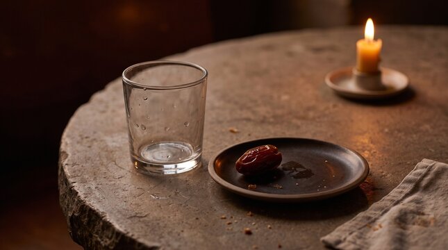 Quiet afterglow of iftar with one date and a water glass