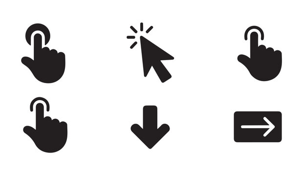 Computer mouse clicker set including pointer arrow and hand touch icons for web interface design navigation.