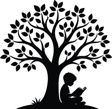 Child Reading Under Tree Of Knowledge Silhouette Vector Icon