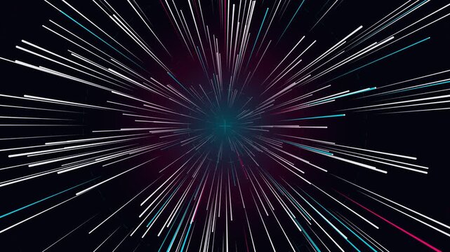 Hyperspace light speed travel animation with neon radial lines and central crosshair