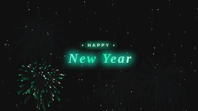 Happy new year greeting video with colorful fireworks exploding on dark night sky background.