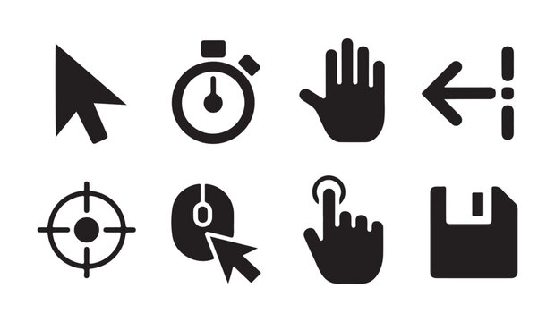 Various cursor icons including arrow pointer mouse target stopwatch hand stop sign and save floppy disk symbol.