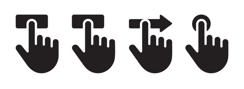 Collection of hand icons touching interface elements with swiping motions and buttons on white background.