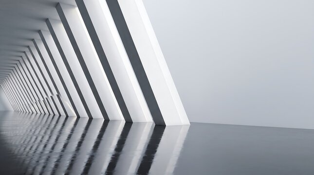 Dynamic 3D abstract corporate background featuring a row of massive slanted white rectangular pillars reflecting on a glossy floor, leaving a large light grey copy space.