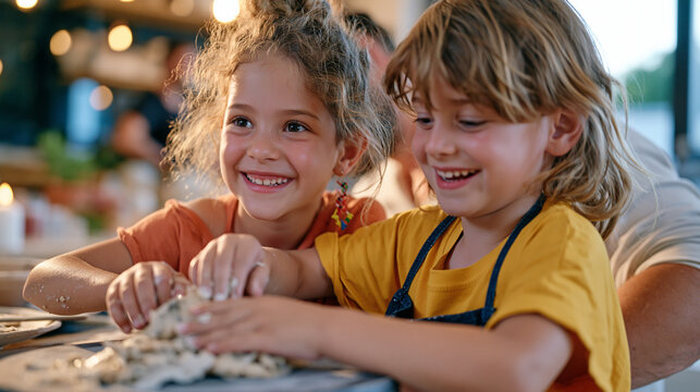 Children viewed over a pottery instructor shoulder working with mycelium-based clay substitute in a candlelit studio classroom, small hands shaping organic material that could replace packaging, won