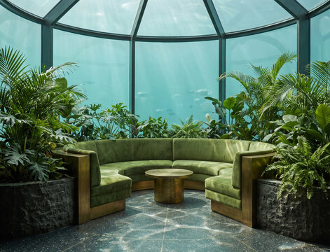 Quiet lounge inside a submerged botanical glass conservatory dome
