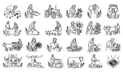Obraz premium Happy Farmer Day Hand Drawn Thin Line Indian Agriculture Vector Collection
