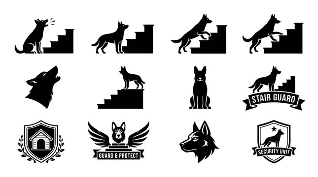 Dogs Security Emblem Set with Stair Guard Silhouettes, Shield Badges, Wings, and Protective Symbols