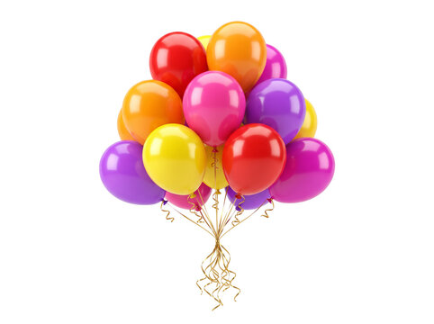 Colorful party balloons bunch isolated on transparent background, glossy birthday balloons bundle png