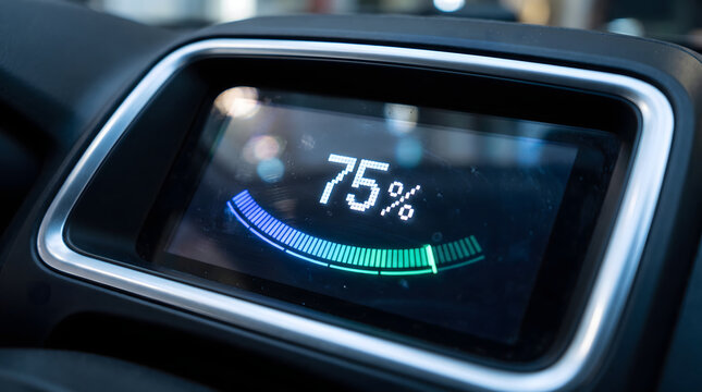 Close-up of a modern car dashboard screen displaying a 75% battery charge level with a colorful progress bar. Represents electric vehicle technology and smart automotive interfaces. Ideal for EV