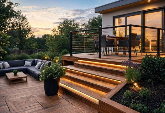 Beautiful modern multi-level composite deck featuring built-in seating, illuminated steps, elegant outdoor furniture, lush landscaped backyard, and warm twilight ambiance for luxury residential living