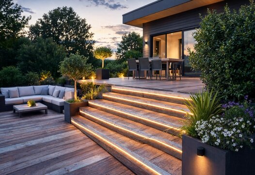 Beautiful modern multi-level composite deck featuring built-in seating, illuminated steps, elegant outdoor furniture, lush landscaped backyard, and warm twilight ambiance for luxury residential living