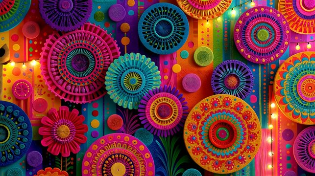Colorful Mexican paper craft background with intricate floral rosettes, vibrant folk art patterns and festive decorations inspired by traditional fiesta culture.