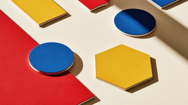 Geometric shapes in bold primary colors cast dramatic shadows