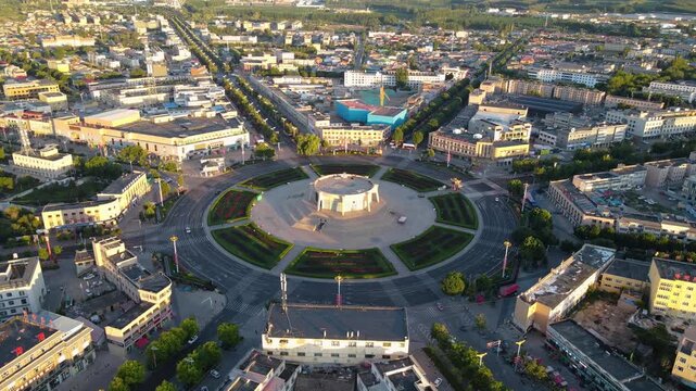 Morning Aerial View of Bagua City Streets in Tekes County, Yili, Xinjiang, China